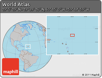 Gray Location Map of the Area around 19° 22' 18" N, 60° 16' 29" W