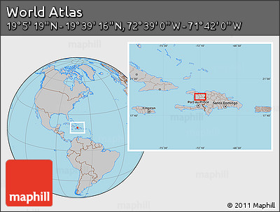 Gray Location Map of the Area around 19° 22' 18" N, 72° 10' 30" W