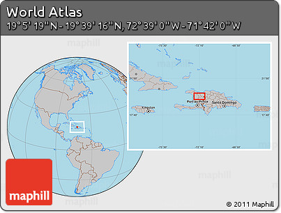 Gray Location Map of the Area around 19° 22' 18" N, 72° 10' 30" W