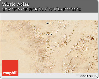 Satellite 3D Map of the Area around 19° 22' 18" N, 7° 43' 29" E