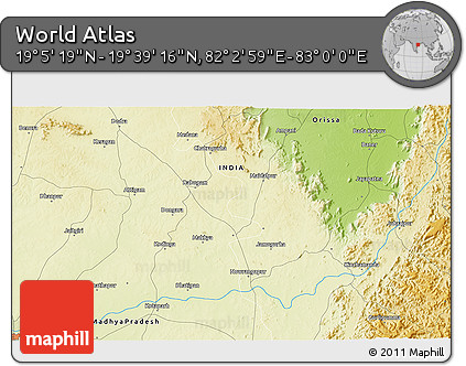 Physical 3D Map of the Area around 19° 22' 18" N, 82° 31' 30" E