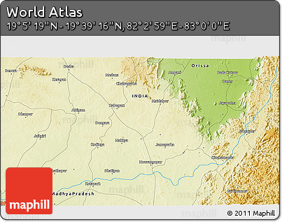 Physical 3D Map of the Area around 19° 22' 18" N, 82° 31' 30" E