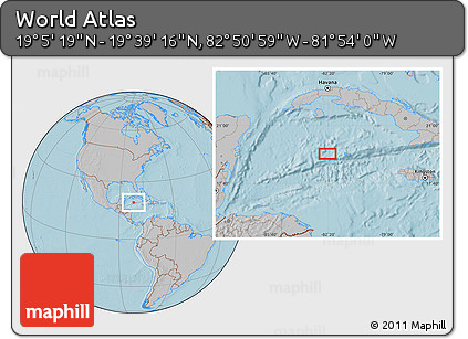 Gray Location Map of the Area around 19° 22' 18" N, 82° 22' 30" W, hill shading