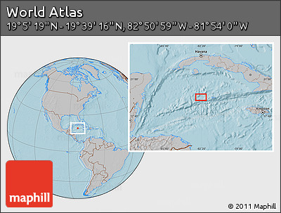 Gray Location Map of the Area around 19° 22' 18" N, 82° 22' 30" W, hill shading