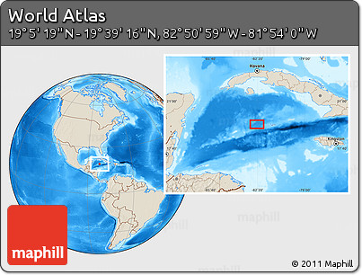 Shaded Relief Location Map of the Area around 19° 22' 18" N, 82° 22' 30" W