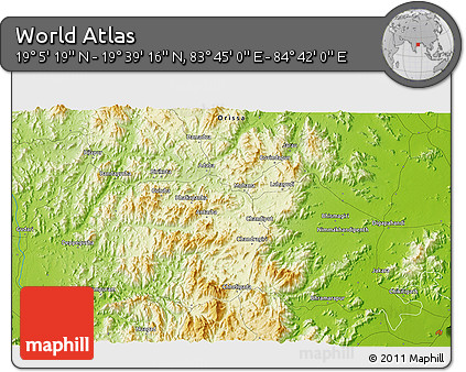 Physical 3D Map of the Area around 19° 22' 18" N, 84° 13' 29" E
