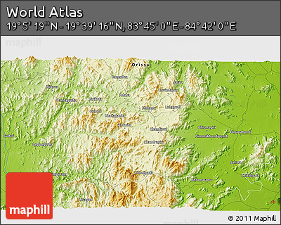 Physical 3D Map of the Area around 19° 22' 18" N, 84° 13' 29" E