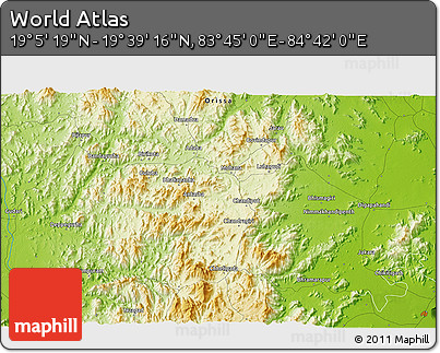 Physical 3D Map of the Area around 19° 22' 18" N, 84° 13' 29" E