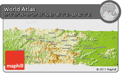 Physical Panoramic Map of the Area around 19° 22' 18" N, 84° 13' 29" E