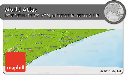 Physical Panoramic Map of the Area around 19° 22' 18" N, 85° 4' 29" E