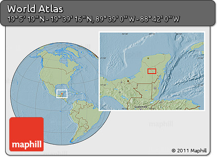 Savanna Style Location Map of the Area around 19° 22' 18" N, 89° 10' 30" W, hill shading