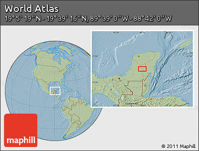 Savanna Style Location Map of the Area around 19° 22' 18" N, 89° 10' 30" W, hill shading