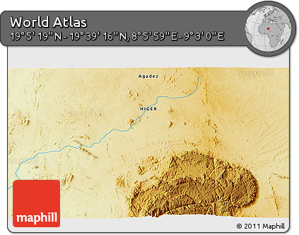 Physical 3D Map of the Area around 19° 22' 18" N, 8° 34' 29" E
