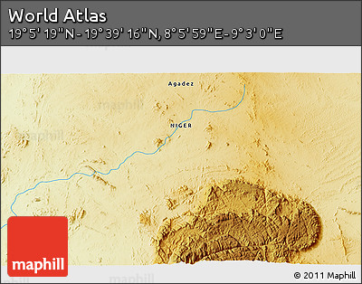 Physical 3D Map of the Area around 19° 22' 18" N, 8° 34' 29" E