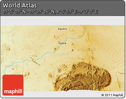 Physical 3D Map of the Area around 19° 22' 18" N, 8° 34' 29" E