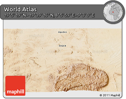 Satellite 3D Map of the Area around 19° 22' 18" N, 8° 34' 29" E