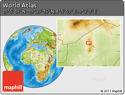 Physical Location Map of the Area around 19° 22' 18" N, 8° 34' 29" E