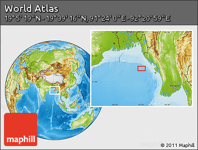 Physical Location Map of the Area around 19° 22' 18" N, 91° 52' 30" E