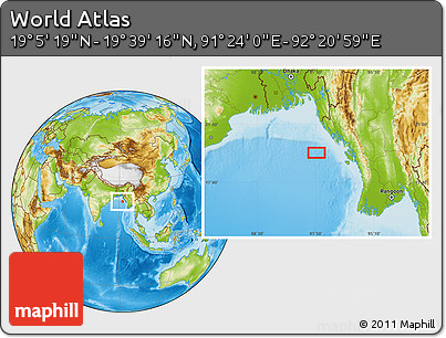 Physical Location Map of the Area around 19° 22' 18" N, 91° 52' 30" E