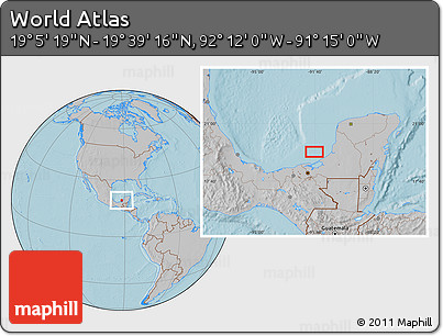 Gray Location Map of the Area around 19° 22' 18" N, 91° 43' 29" W, hill shading
