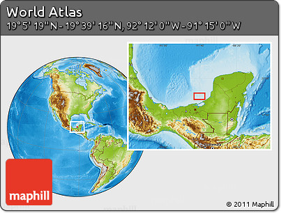 Physical Location Map of the Area around 19° 22' 18" N, 91° 43' 29" W