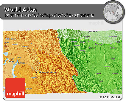 Political 3D Map of the Area around 19° 22' 18" N, 94° 25' 30" E