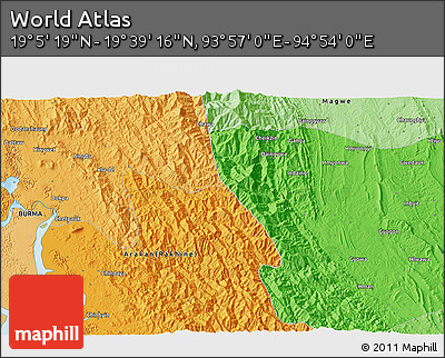 Political 3D Map of the Area around 19° 22' 18" N, 94° 25' 30" E