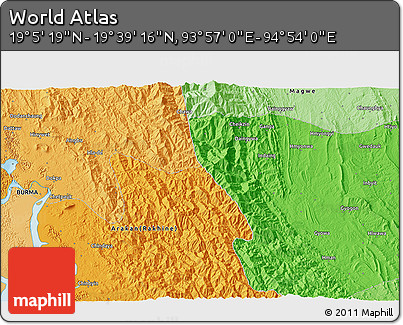 Political 3D Map of the Area around 19° 22' 18" N, 94° 25' 30" E