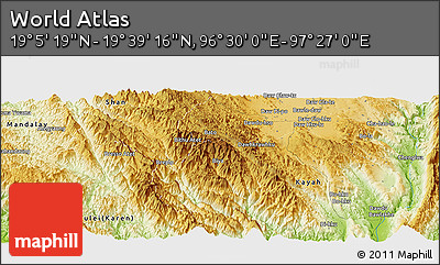 Physical Panoramic Map of the Area around 19° 22' 18" N, 96° 58' 29" E