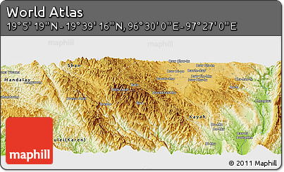 Physical Panoramic Map of the Area around 19° 22' 18" N, 96° 58' 29" E