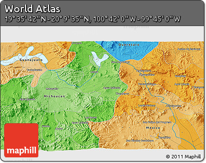 Political 3D Map of the Area around 19° 52' 38" N, 100° 13' 29" W
