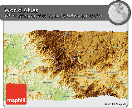 Physical 3D Map of the Area around 19° 52' 38" N, 104° 28' 29" W
