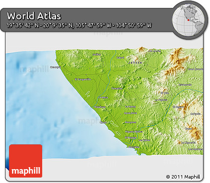Physical 3D Map of the Area around 19° 52' 38" N, 105° 19' 29" W