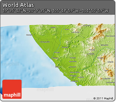 Physical 3D Map of the Area around 19° 52' 38" N, 105° 19' 29" W