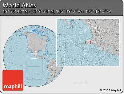 Gray Location Map of the Area around 19° 52' 38" N, 106° 10' 30" W, hill shading