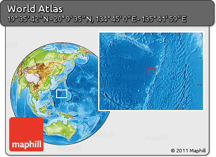 Physical Location Map of the Area around 19° 52' 38" N, 135° 13' 29" E