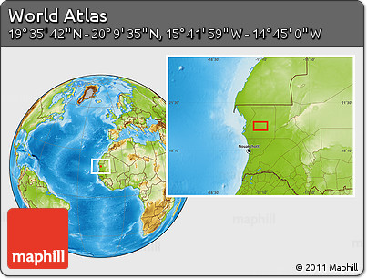 Physical Location Map of the Area around 19° 52' 38" N, 15° 13' 29" W