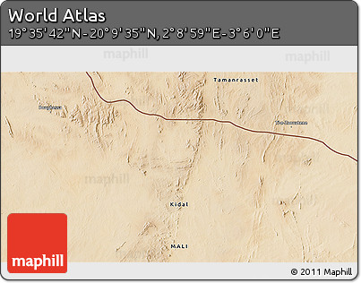 Satellite 3D Map of the Area around 19° 52' 38" N, 2° 37' 30" E