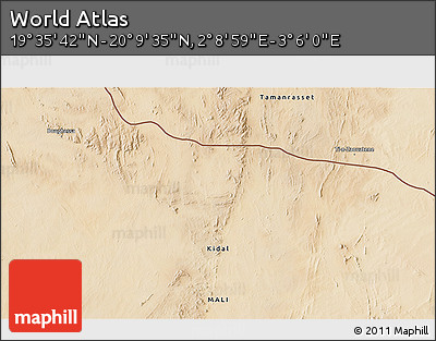 Satellite 3D Map of the Area around 19° 52' 38" N, 2° 37' 30" E