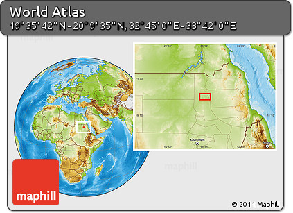 Physical Location Map of the Area around 19° 52' 38" N, 33° 13' 30" E