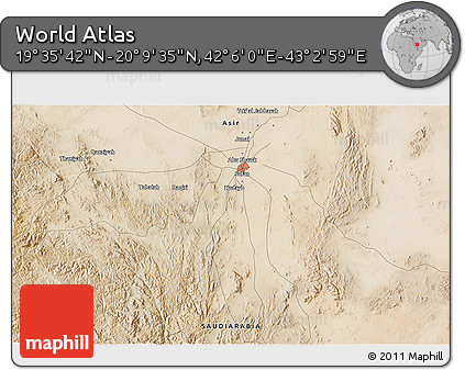 Satellite 3D Map of the Area around 19° 52' 38" N, 42° 34' 30" E