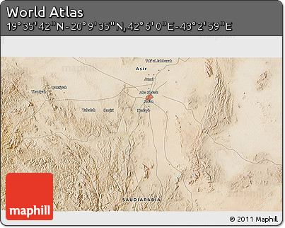 Satellite 3D Map of the Area around 19° 52' 38" N, 42° 34' 30" E