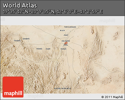 Satellite 3D Map of the Area around 19° 52' 38" N, 42° 34' 30" E