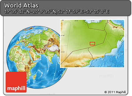 Physical Location Map of the Area around 19° 52' 38" N, 52° 46' 29" E