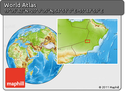 Physical Location Map of the Area around 19° 52' 38" N, 55° 19' 30" E