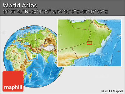 Physical Location Map of the Area around 19° 52' 38" N, 55° 19' 30" E