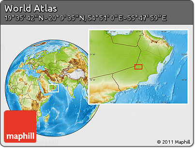 Physical Location Map of the Area around 19° 52' 38" N, 55° 19' 30" E