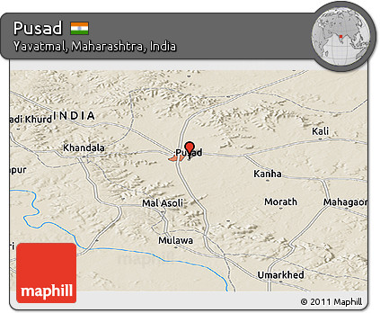 Shaded Relief Panoramic Map of Pusad