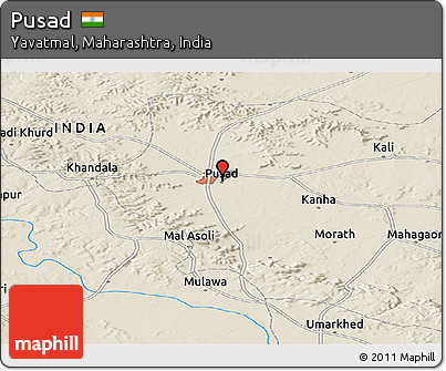 Shaded Relief Panoramic Map of Pusad