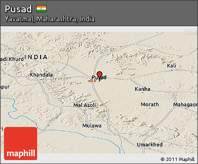 Shaded Relief Panoramic Map of Pusad